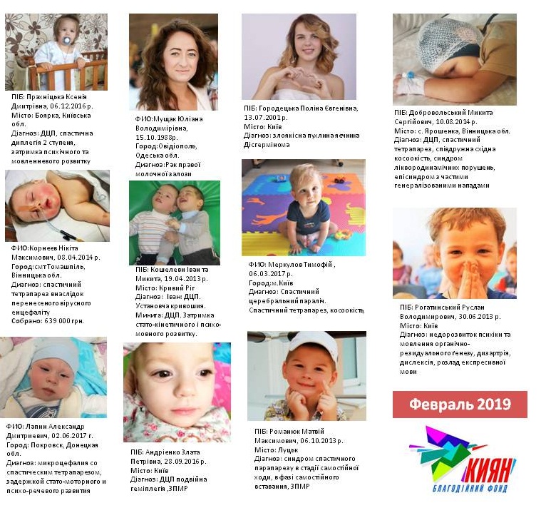 На фото все подопечные БФ «Киян», кому помогли в ФЕВРАЛЬ 2019 г. на сумму 368 324. 44  грн.
От всей души благодарим всех жертвователей, сделавших вклад в здоровье наших деток, и желаем скорейшего восстановления, здоровья и беззаботного счастливого детства!