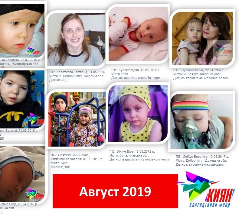 На фото все подопечные БФ КИЯН, кому помогли в августе 2019 года на сумму 140 310.00 грн.! От всей души благодарим всех жертвователей, сделавших вклад в здоровье наших деток, и желаем скорейшего восстановления, здоровья и беззаботного счастливого детства!